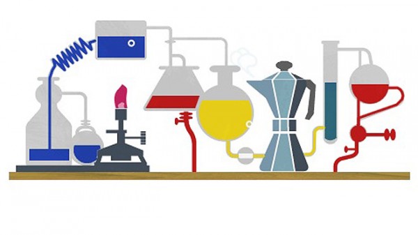 A Google doodle transforms the familiar logo into a science lab replete with beakers, vials ... and a steaming coffee pot. (Google)